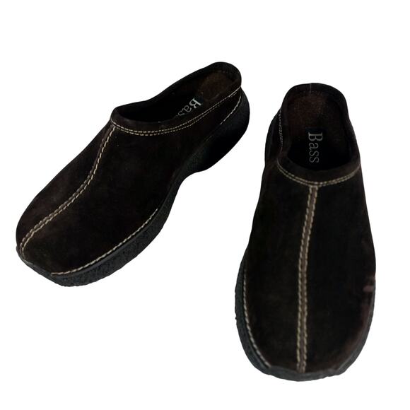 NWOT! BASS! ESPRESSO BROWN GENUINE LEATHER CREAM STITCHED CLOGS, MULES! SZ 7.5M - Picture 3 of 10